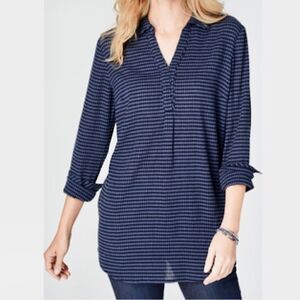 J. Jill Blue & Black Gingham Textured Long Sleeve Long Shirt